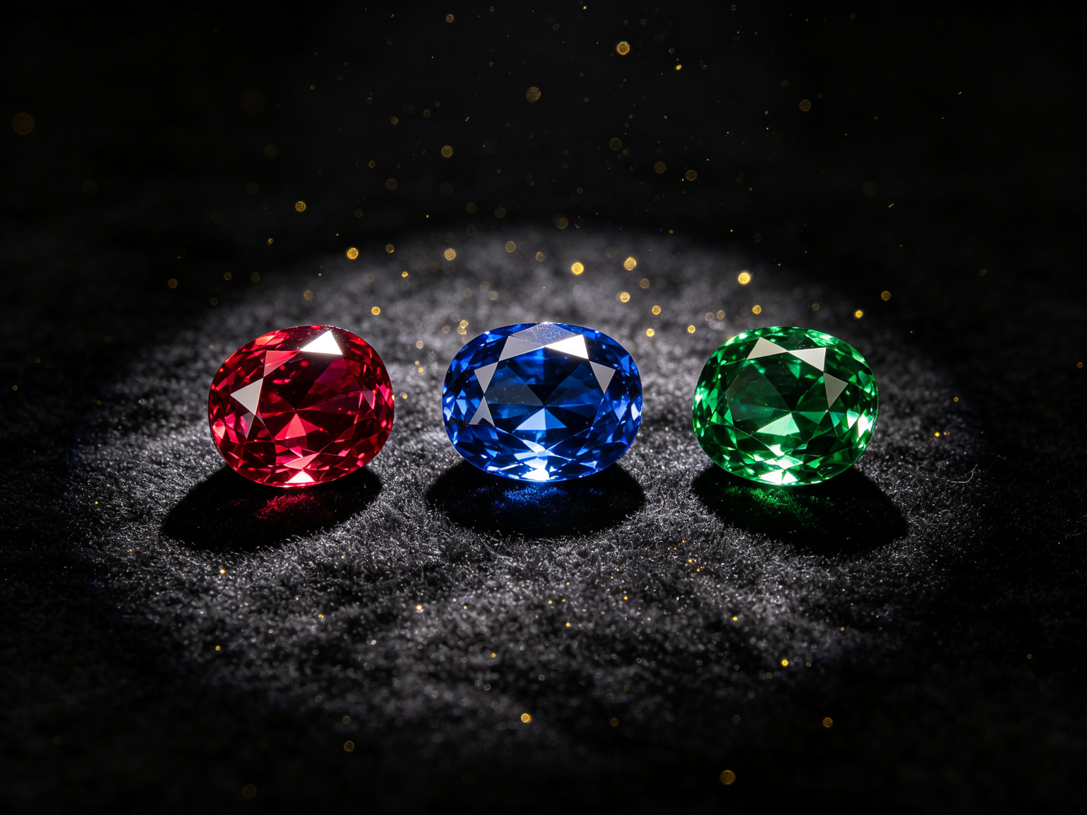 Loose lab-grown ruby, sapphire and emerald on black velvet