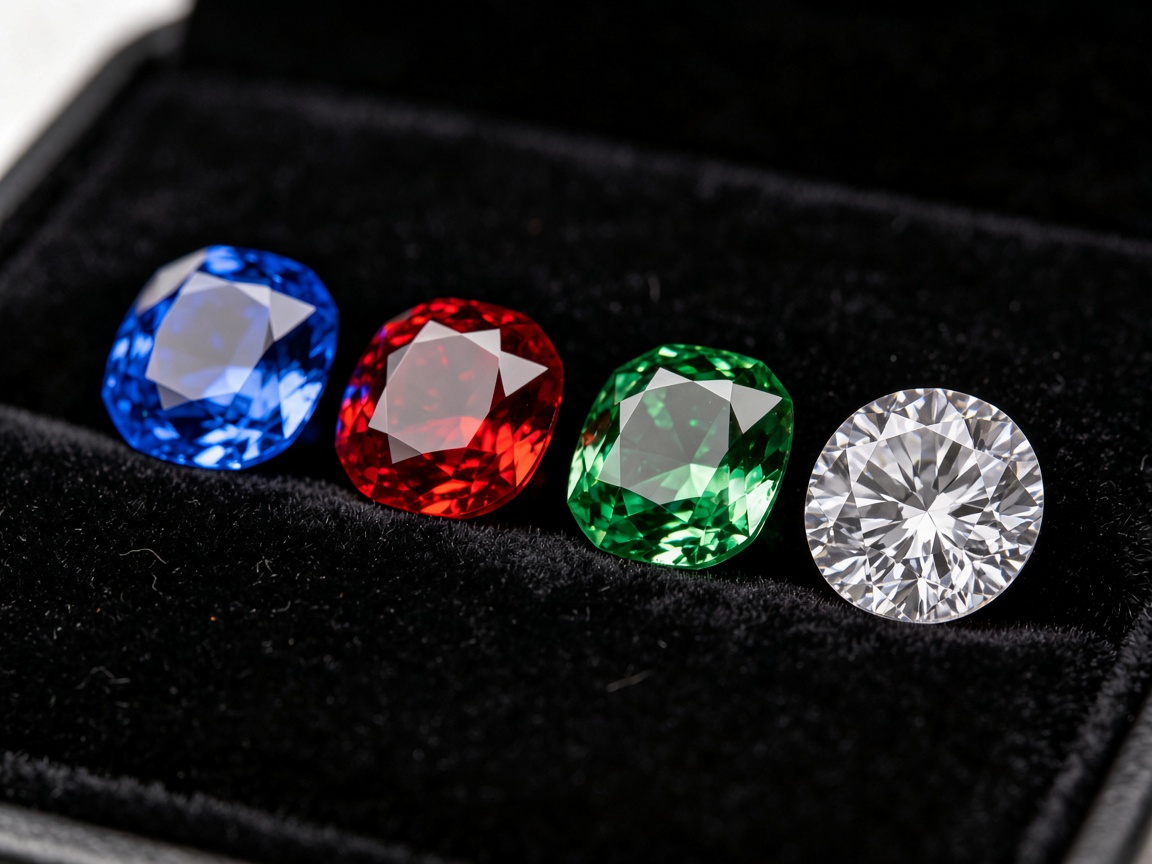 Loose lab-grown sapphire, ruby, emerald and diamond on black velvet